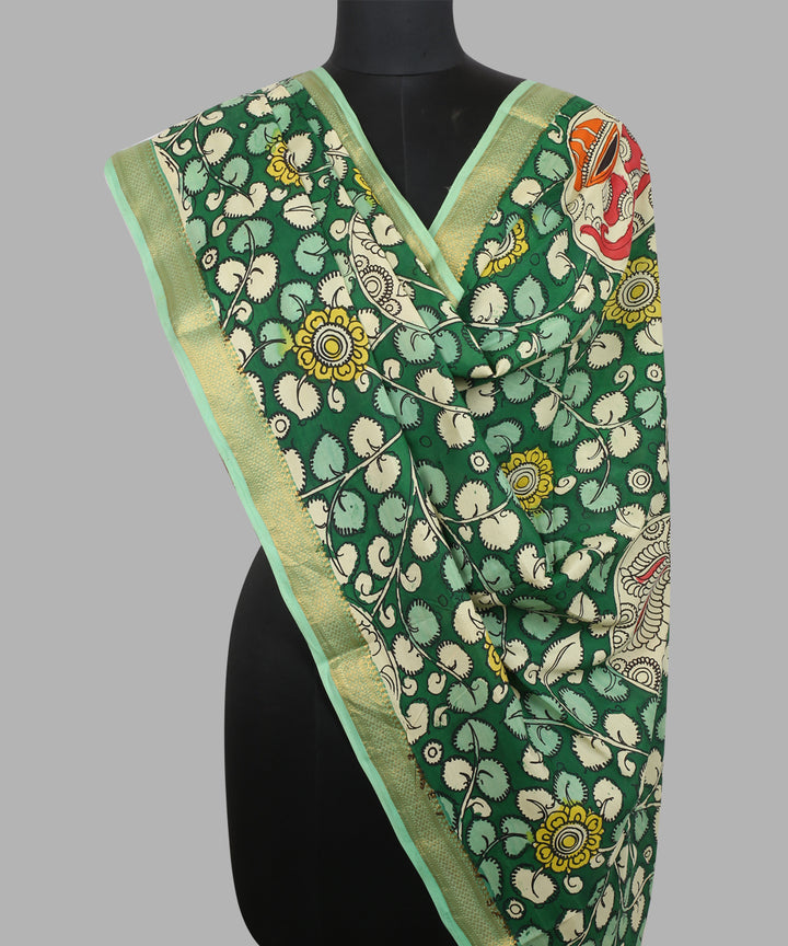 Dark green white cotton silk hand painted kalamkari dupatta