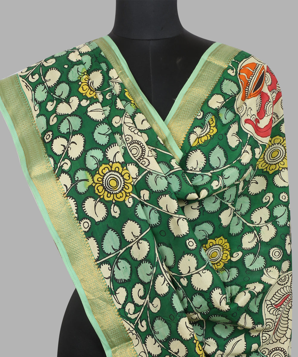 Dark green white cotton silk hand painted kalamkari dupatta