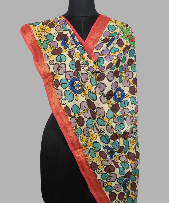 Offwhite multicolour cotton silk hand painted kalamkari dupatta