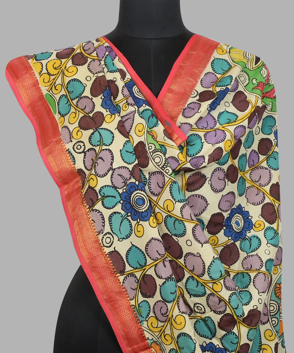 Offwhite multicolour cotton silk hand painted kalamkari dupatta