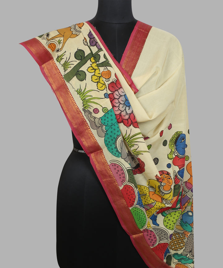 Offwhite multicolour hand painted kalamkari cotton silk dupatta