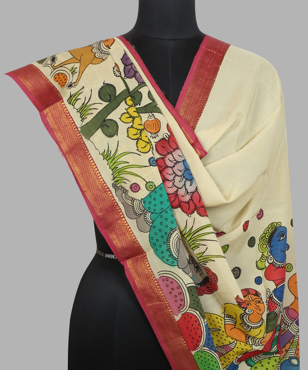 Offwhite multicolour hand painted kalamkari cotton silk dupatta