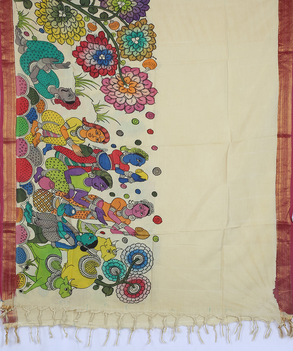 Offwhite multicolour hand painted kalamkari cotton silk dupatta