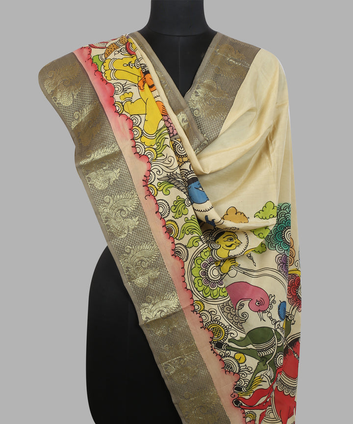 Cream multicolour hand painted kalamkari cotton silk dupatta