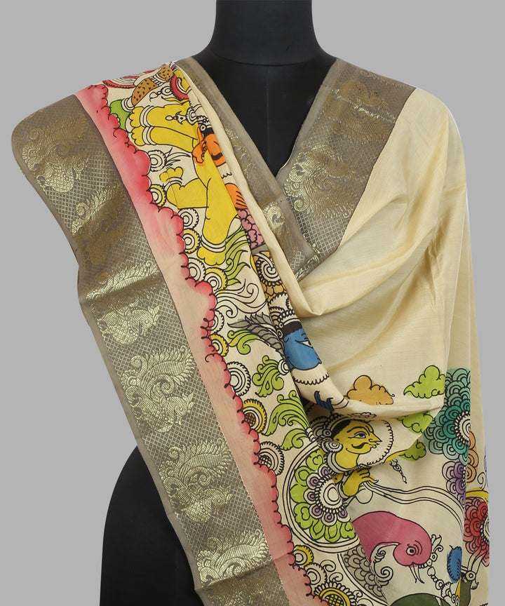 Cream multicolour hand painted kalamkari cotton silk dupatta