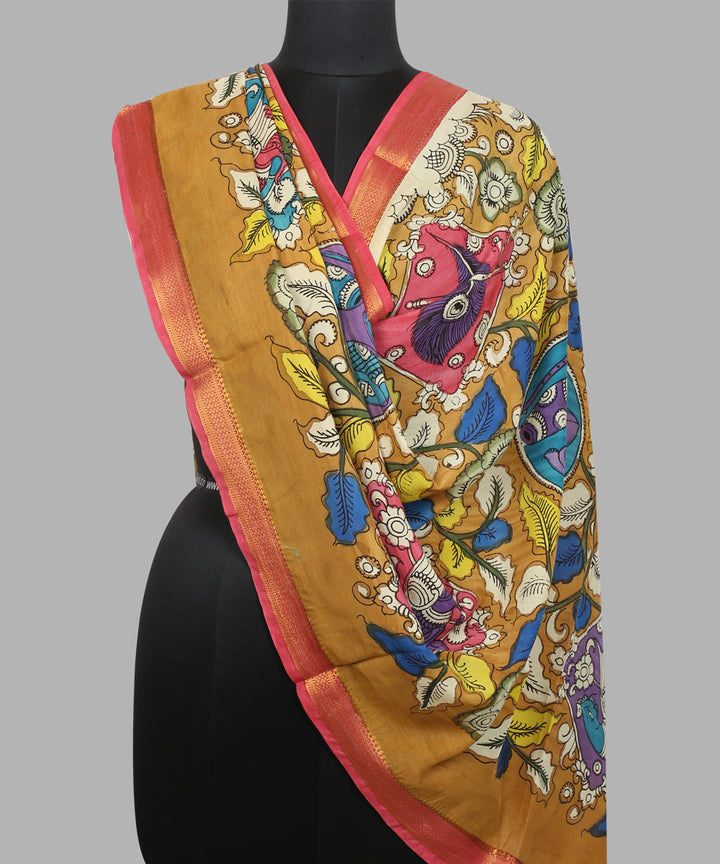 Brown multicolour hand painted kalamkari cotton silk dupatta