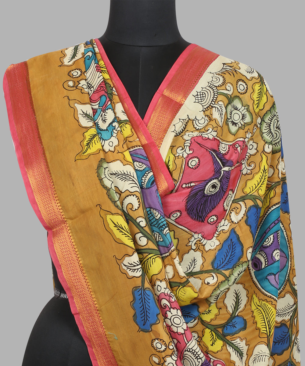 Brown multicolour hand painted kalamkari cotton silk dupatta