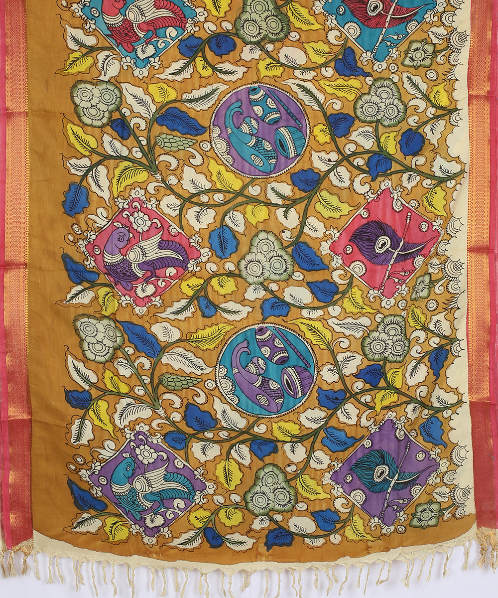 Brown multicolour hand painted kalamkari cotton silk dupatta