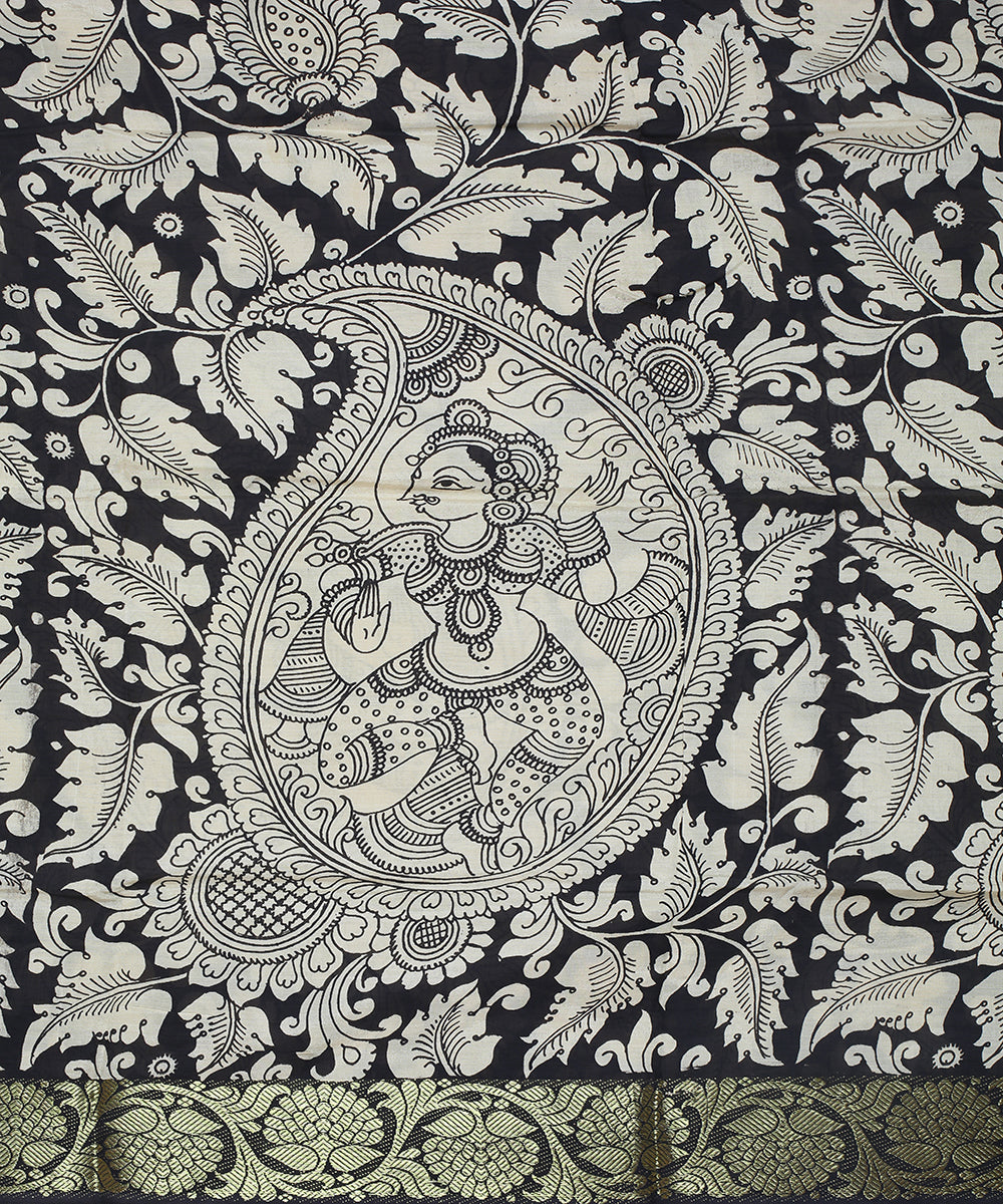 White black cotton silk hand painted kalamkari dupatta