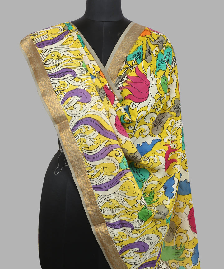 Yellow white cotton silk hand painted kalamkari dupatta