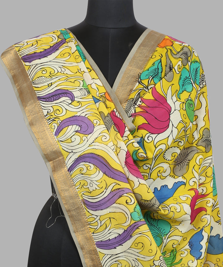 Yellow white cotton silk hand painted kalamkari dupatta