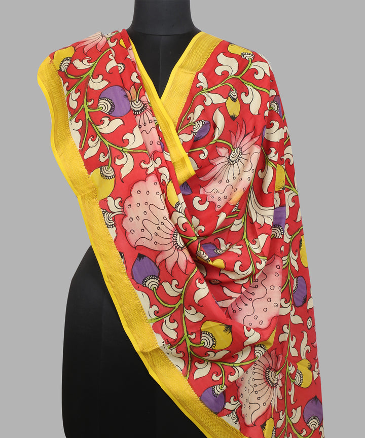 Red multicolour cotton silk hand painted kalamkari dupatta