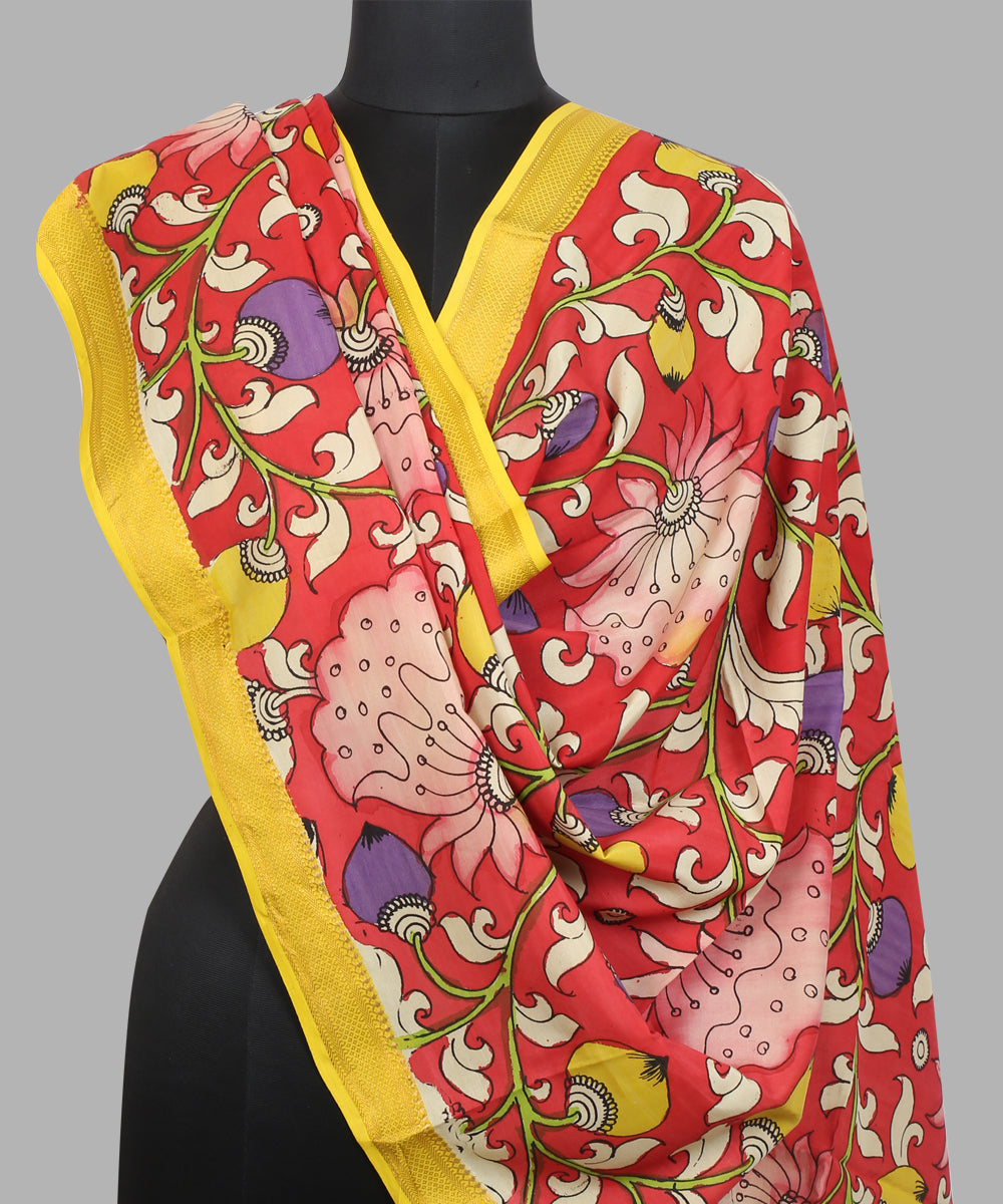 Red multicolour cotton silk hand painted kalamkari dupatta