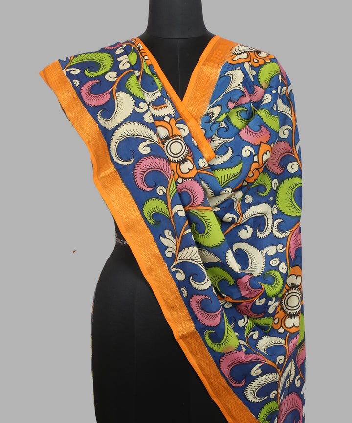 Navy blue multicolour cotton silk hand painted kalamkari dupatta