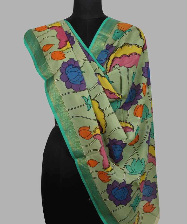 Cyan green multicolour cotton silk hand painted kalamkari dupatta