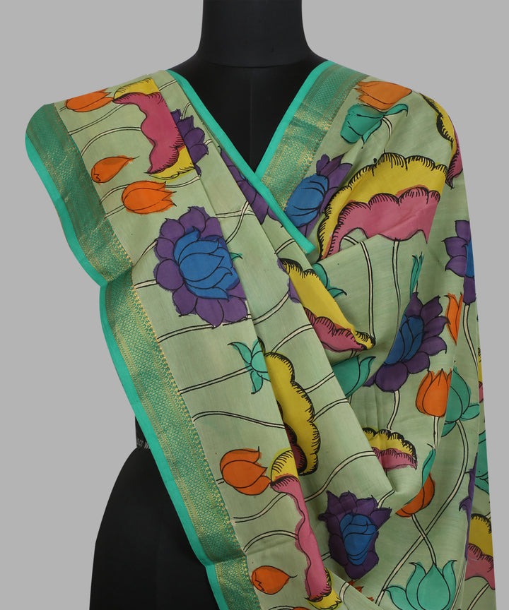 Cyan green multicolour cotton silk hand painted kalamkari dupatta