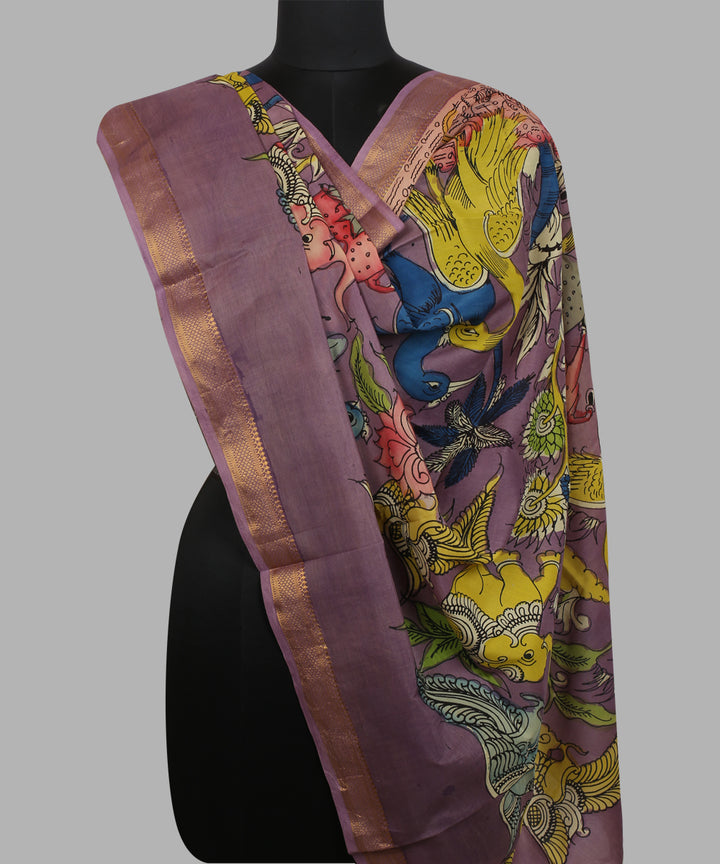 Purple yellow cotton silk hand painted kalamkari dupatta