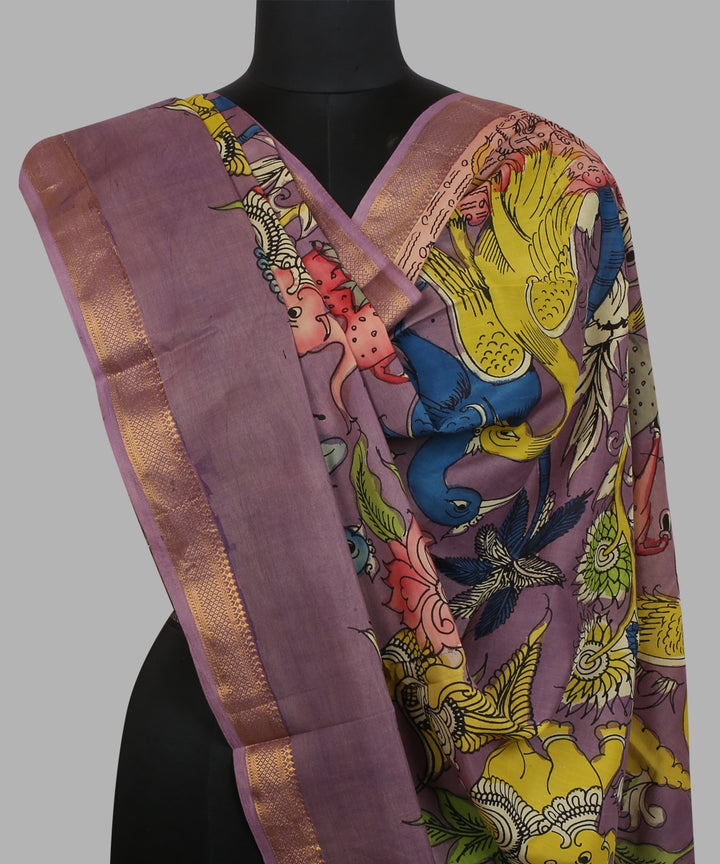 Purple yellow cotton silk hand painted kalamkari dupatta