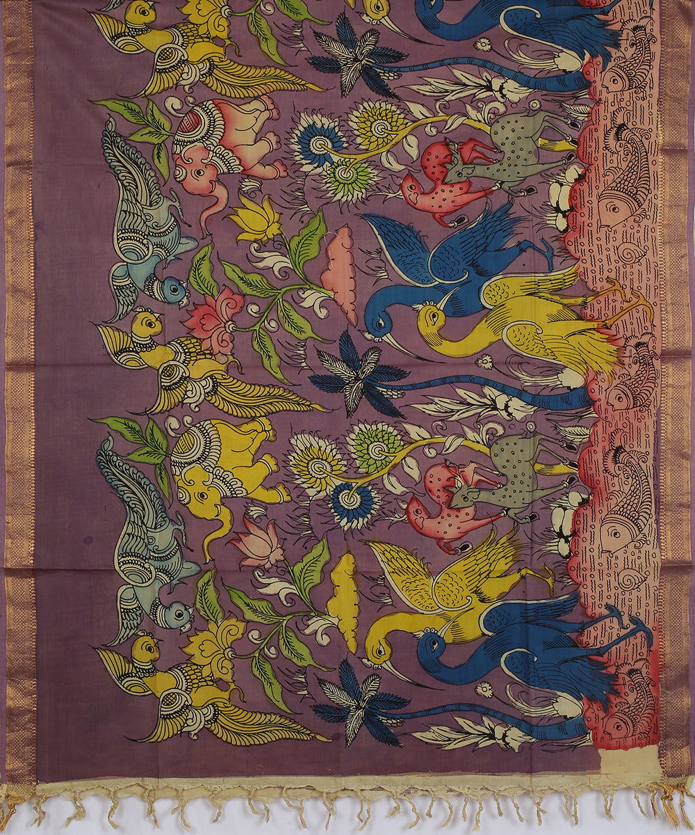 Purple yellow cotton silk hand painted kalamkari dupatta