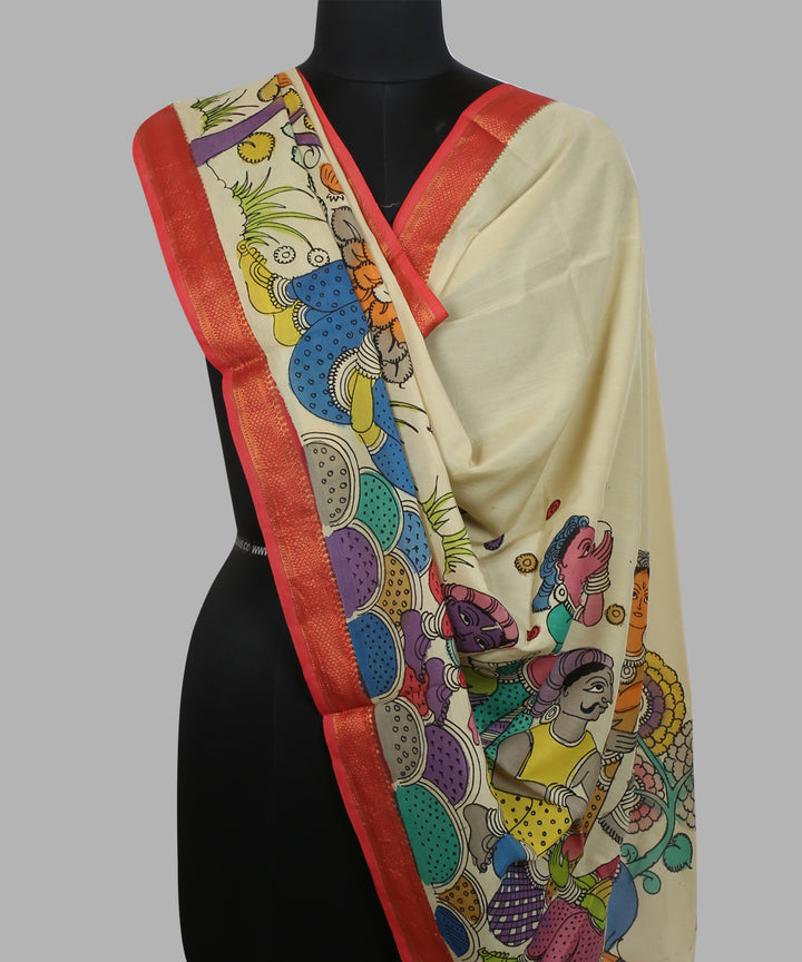 Cream multicolour kalamkari hand painted cotton silk dupatta