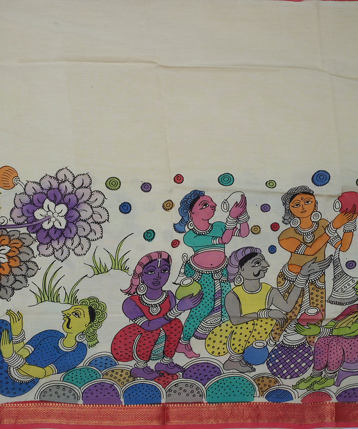 Cream multicolour kalamkari hand painted cotton silk dupatta