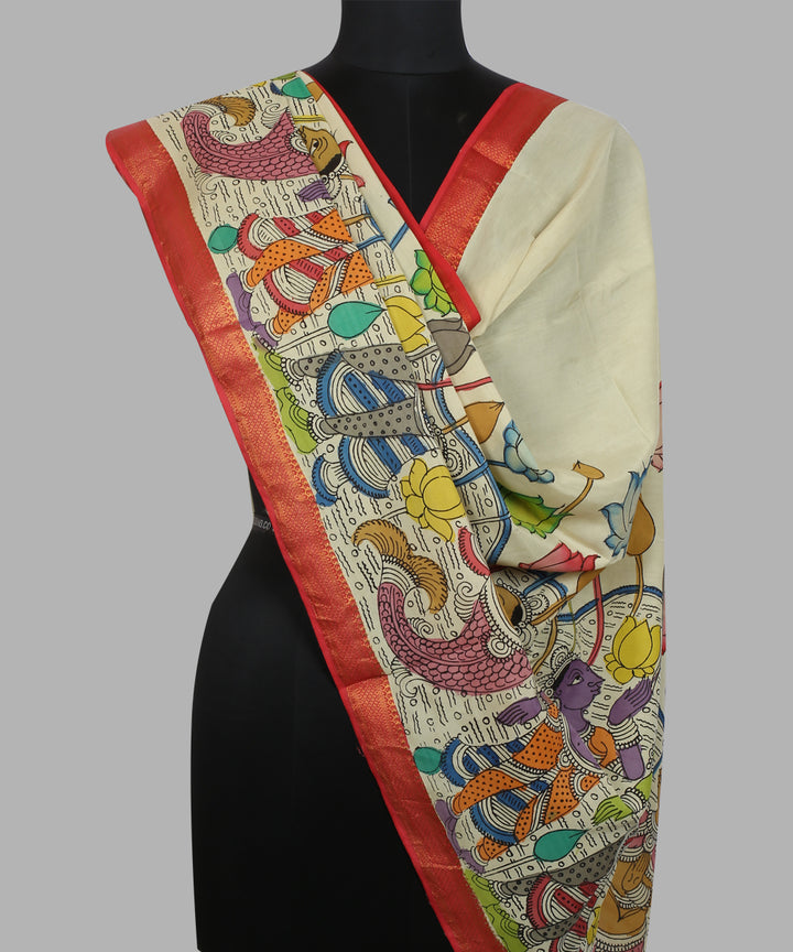 Cream multicolour cotton silk hand painted kalamkari dupatta