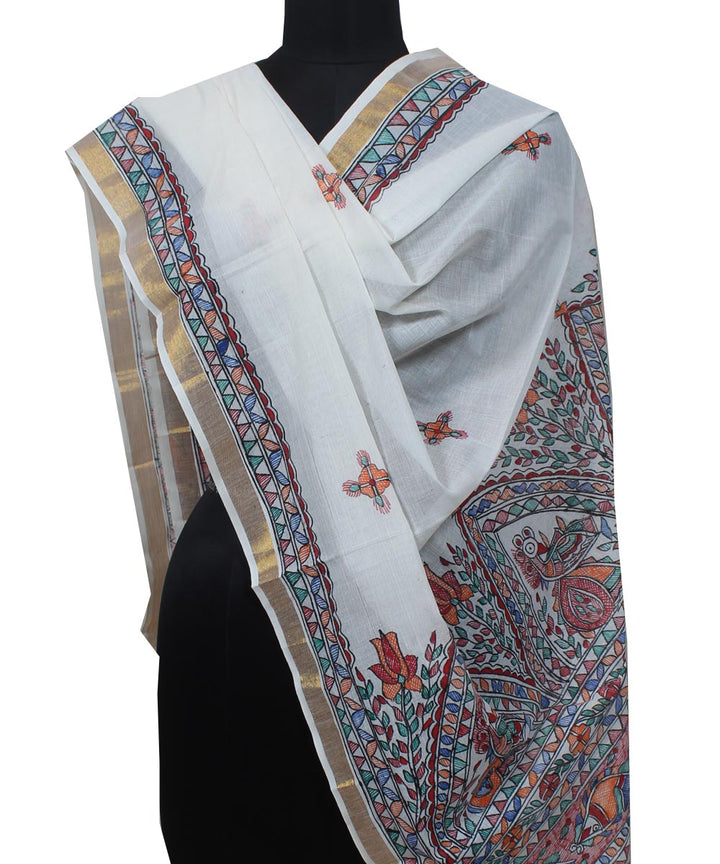 Offwhite handloom cotton silk madhubani painting dupatta