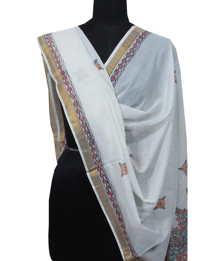 Offwhite cotton silk madhubani painting handloom dupatta