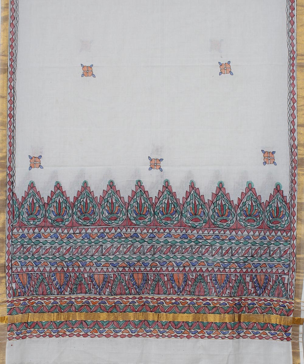 Offwhite cotton silk madhubani painting handloom dupatta