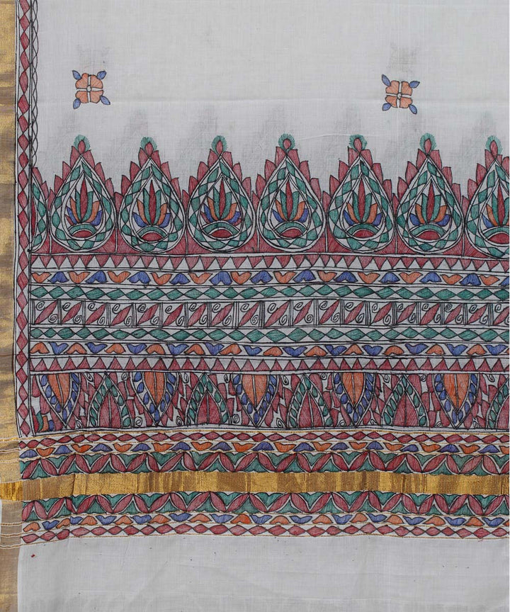 Offwhite cotton silk madhubani painting handloom dupatta