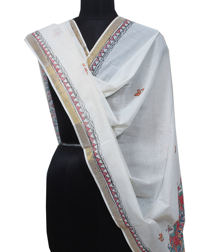 Offwhite cotton silk handloom madhubani painting dupatta