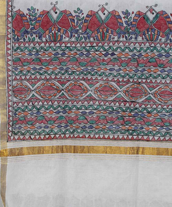 Offwhite cotton silk handloom madhubani painting dupatta