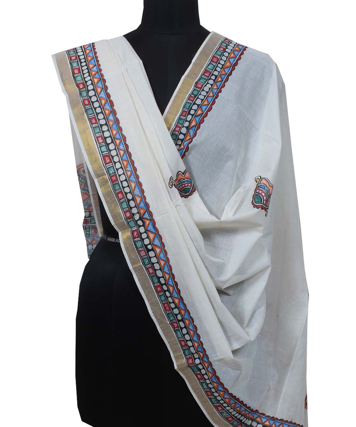 Offwhite madhubani painting cotton silk handloom dupatta