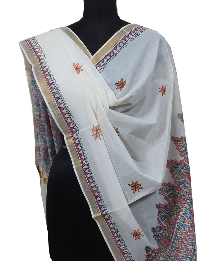 Off white cotton silk handloom madhubani painting dupatta