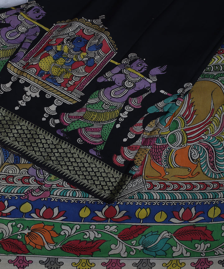 Black multicolour cotton silk kalamkari hand painted saree