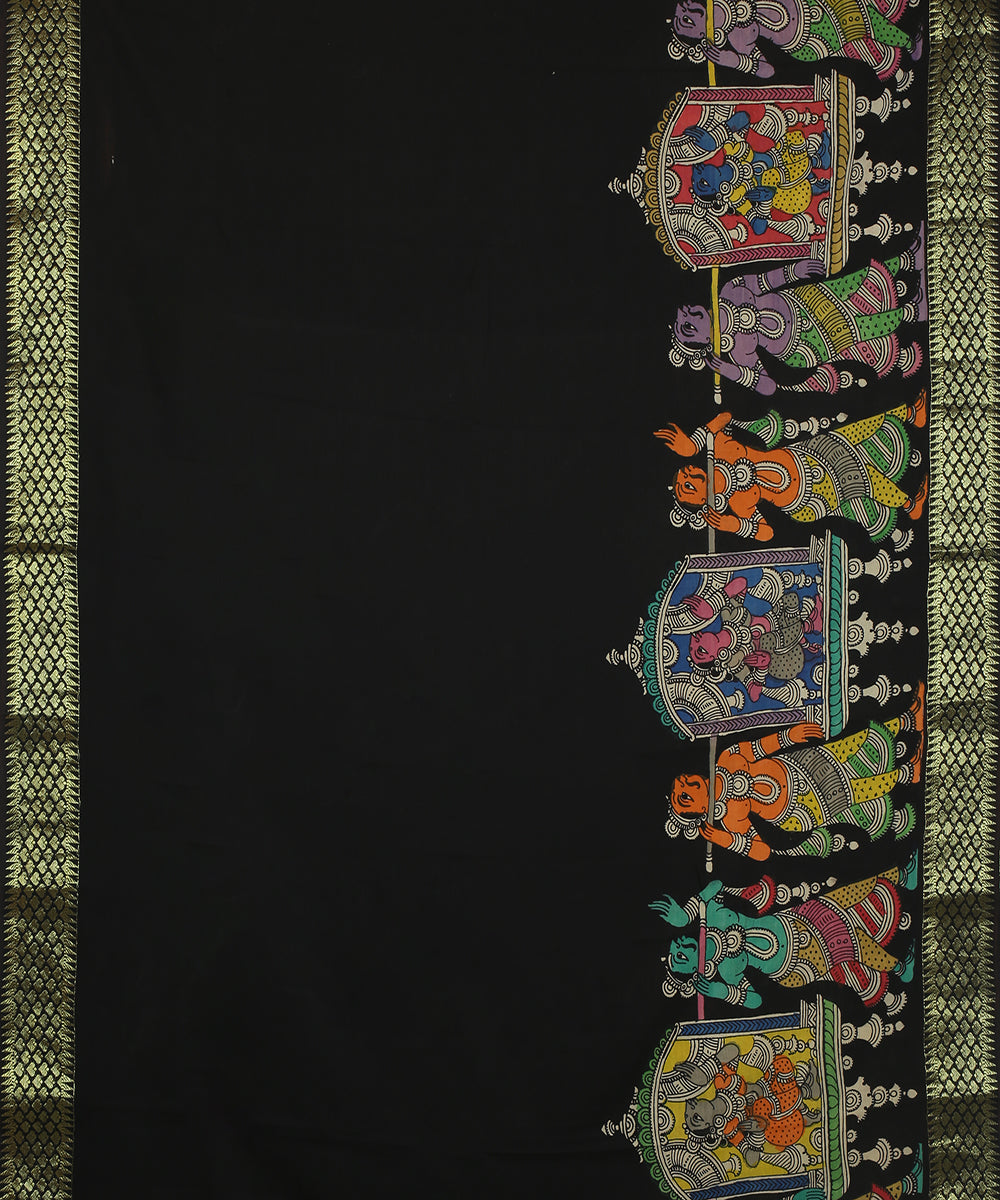 Black multicolour cotton silk kalamkari hand painted saree