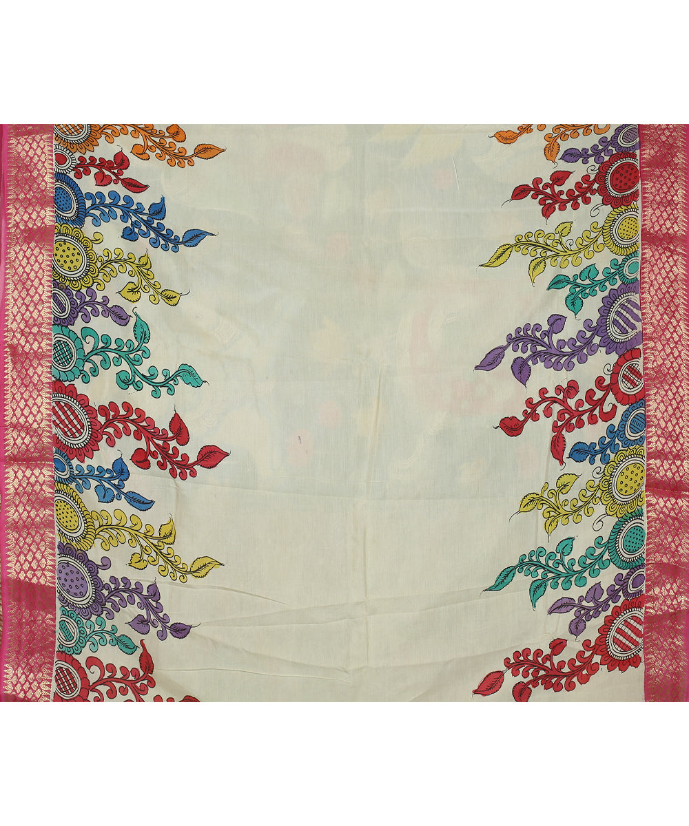 Offwhite multicolour cotton silk hand painted kalamkari saree