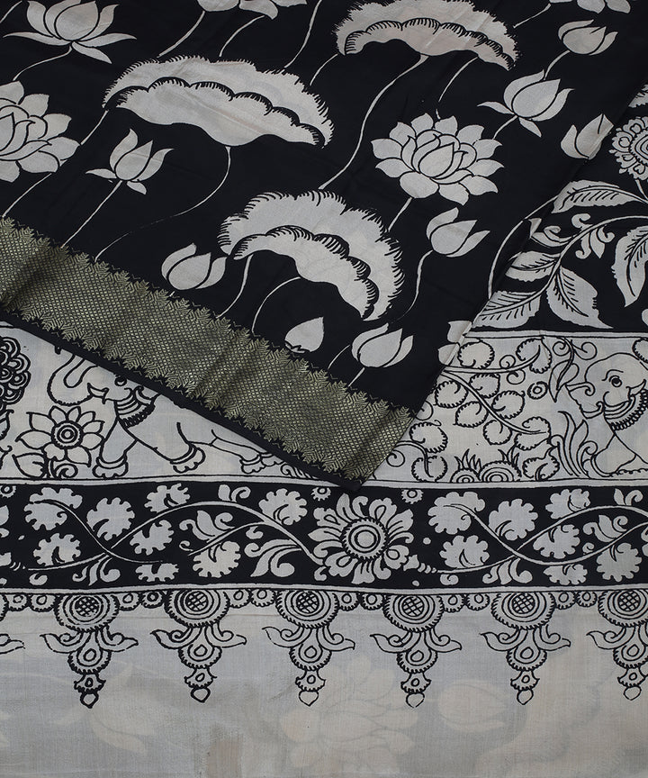 Black white cotton silk hand painted kalamkari saree