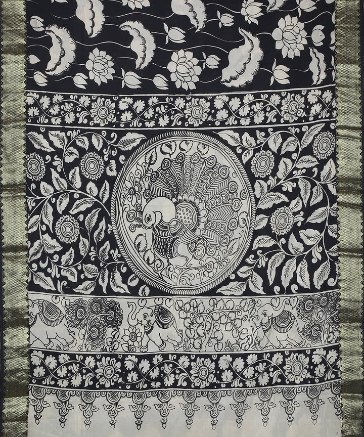 Black white cotton silk hand painted kalamkari saree