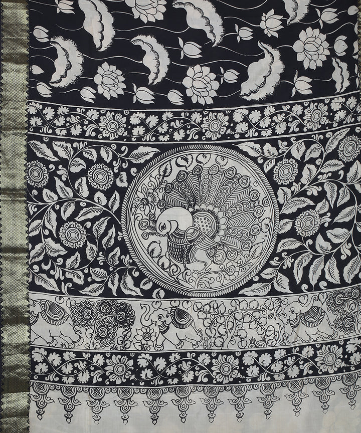 Black white cotton silk hand painted kalamkari saree