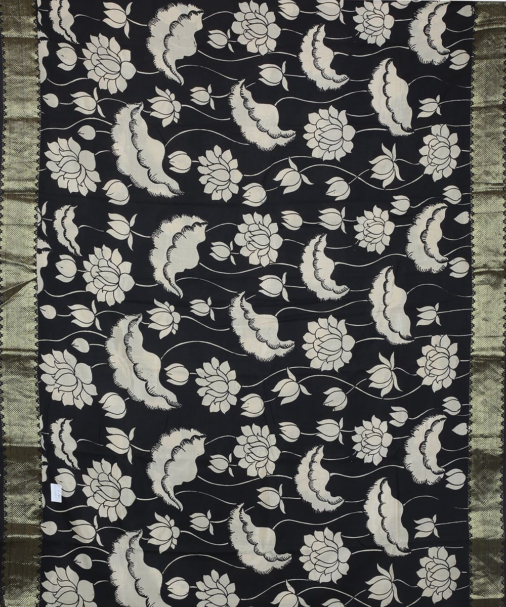 Black white cotton silk hand painted kalamkari saree