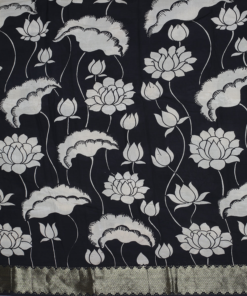 Black white cotton silk hand painted kalamkari saree