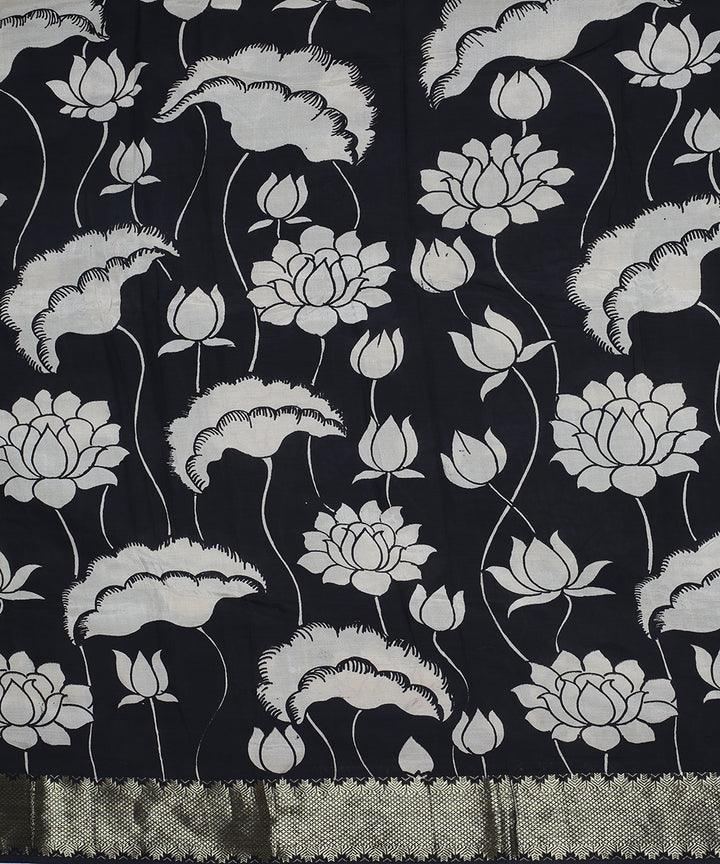 Black white cotton silk hand painted kalamkari saree