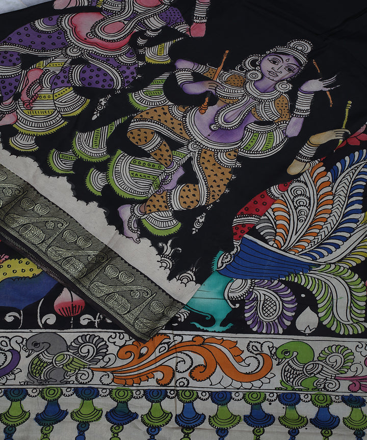 Black multicolour cotton silk hand painted kalamkari saree