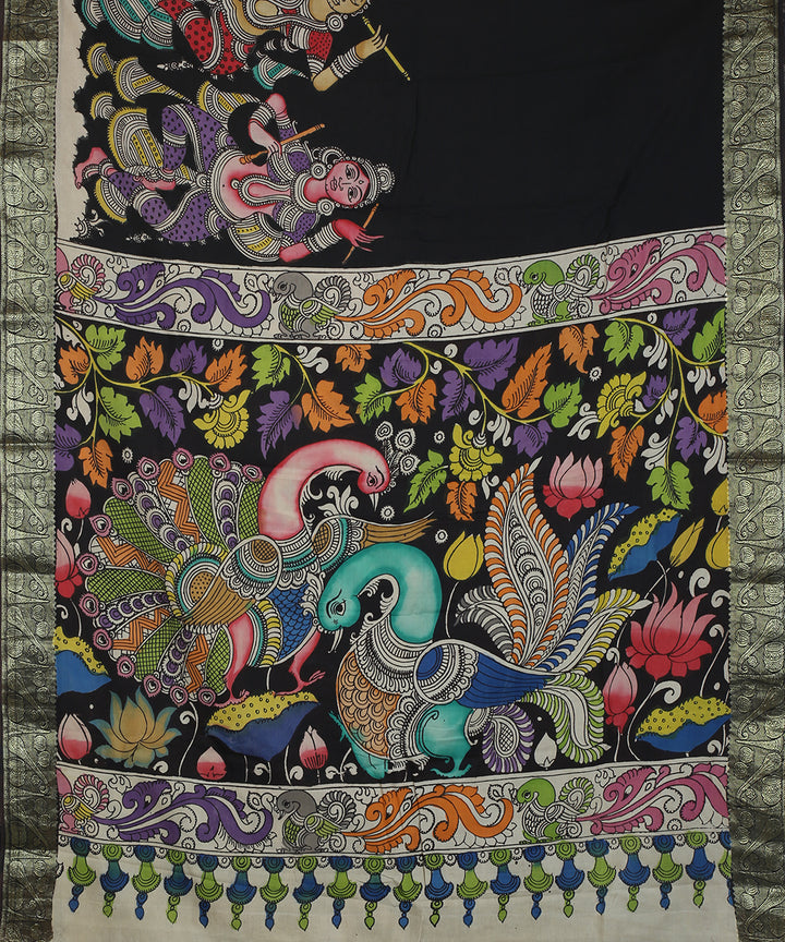 Black multicolour cotton silk hand painted kalamkari saree