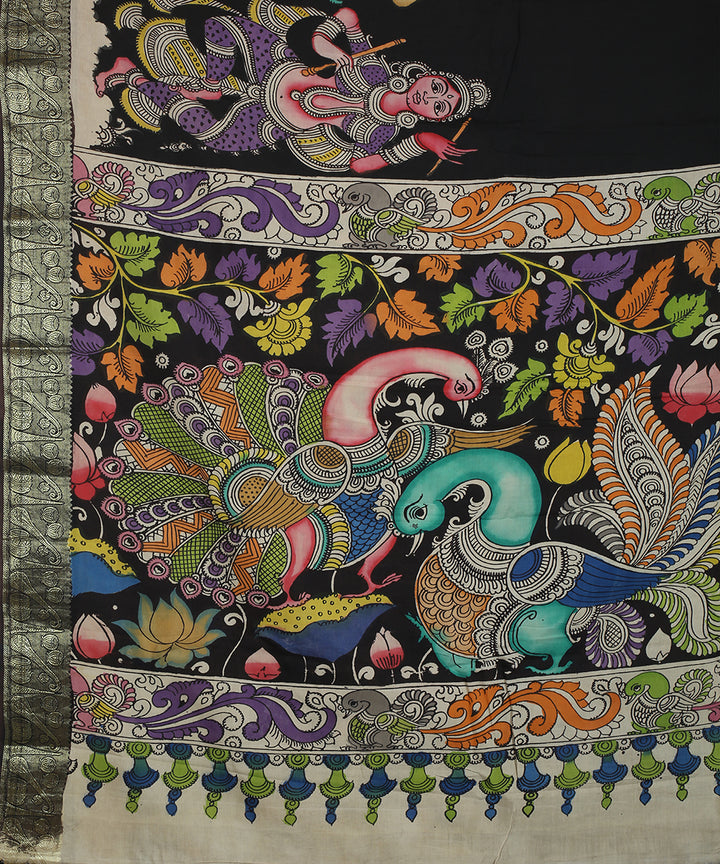 Black multicolour cotton silk hand painted kalamkari saree