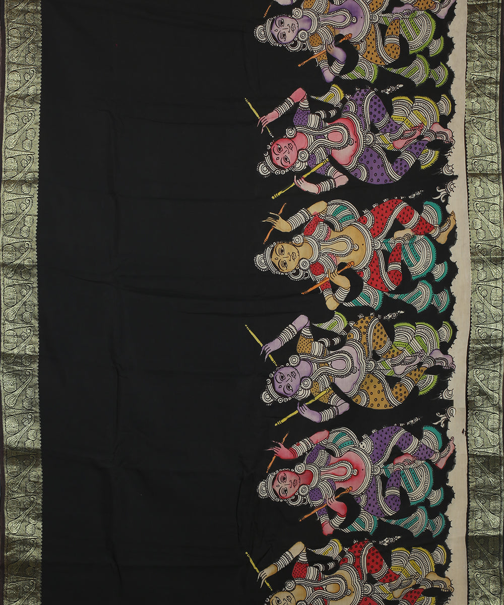 Black multicolour cotton silk hand painted kalamkari saree