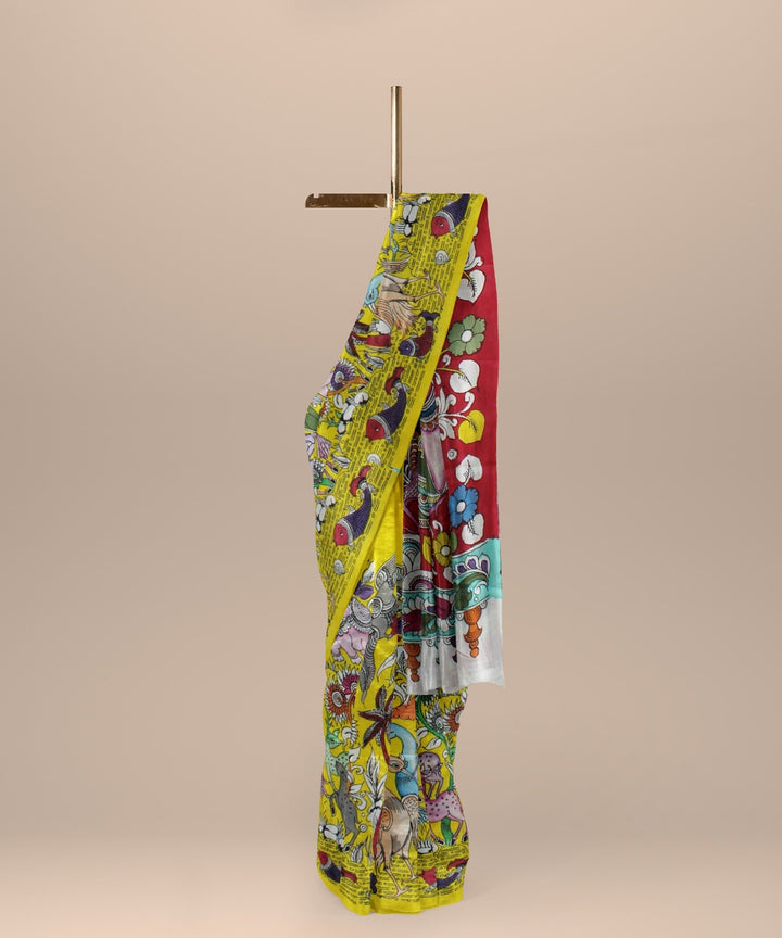 Mustard multicolour silk hand painted kalamkari saree