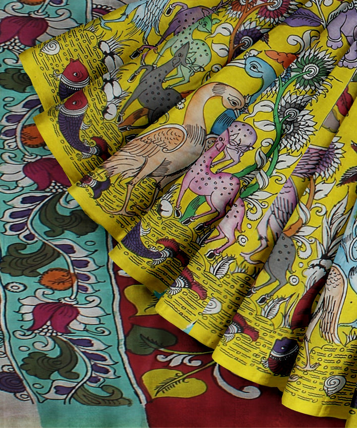 Mustard multicolour silk hand painted kalamkari saree