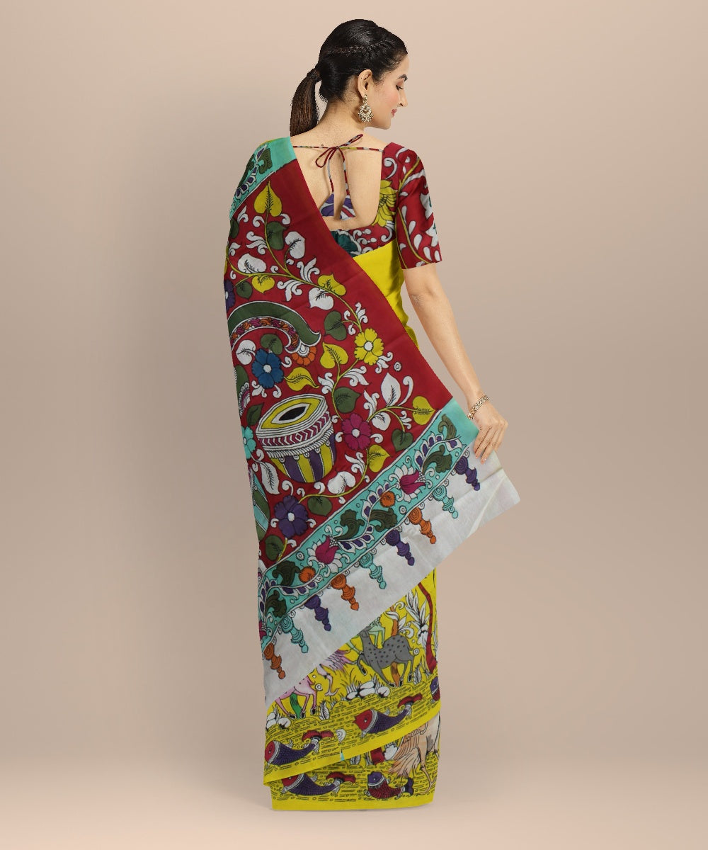 Mustard multicolour silk hand painted kalamkari saree